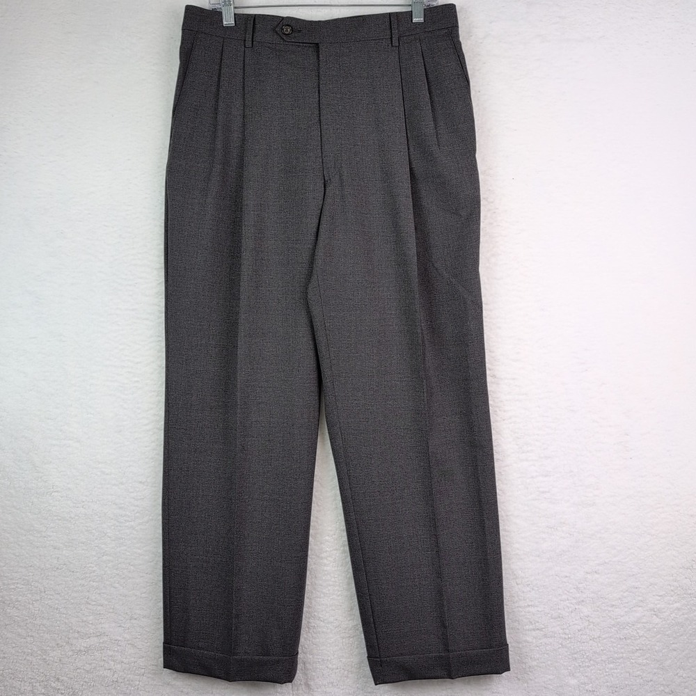 Berle Pants Mens 35R Gray Wool‎ Dress Pleated Cuffed Straight  33x29.5
